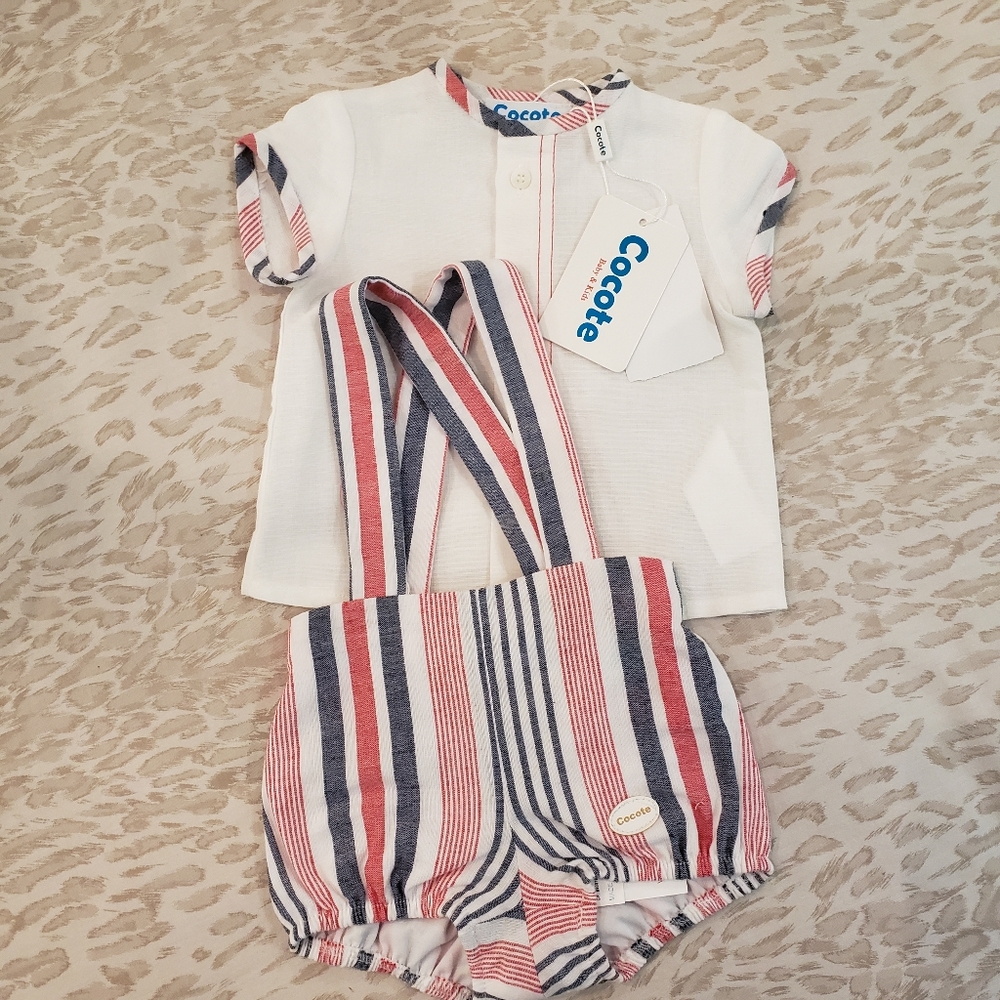 COCOTE Red + Navy Stripe Linen Shirt Set 3m NWT